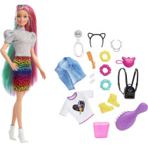 Barbie Leopard Rainbow Hair Doll Blonde With Color Change Hair Feature, 16 Hair & Fashion Play Accessories For Kids 3 To 7 Years Old Grn81, Multi Colour