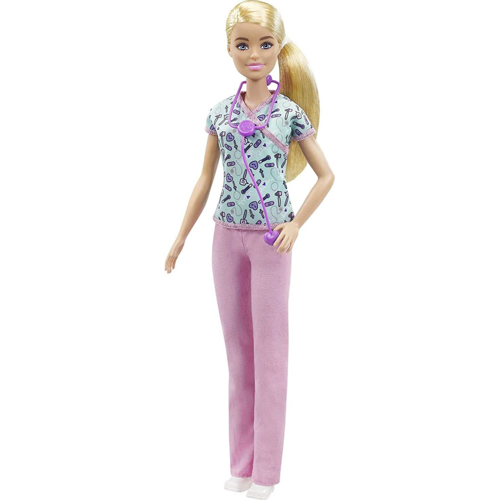 Barbie Nurse Blonde Doll (12-in/30.40-cm) with Scrubs Featuring a Medical Tool Print Top & Pink Pants, White Shoes & StethoscopeAccessory, Great Gift for Ages 3 Years Old & Up GTW39
