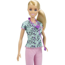 Barbie Nurse Blonde Doll (12-in/30.40-cm) with Scrubs Featuring a Medical Tool Print Top & Pink Pants, White Shoes & StethoscopeAccessory, Great Gift for Ages 3 Years Old & Up GTW39