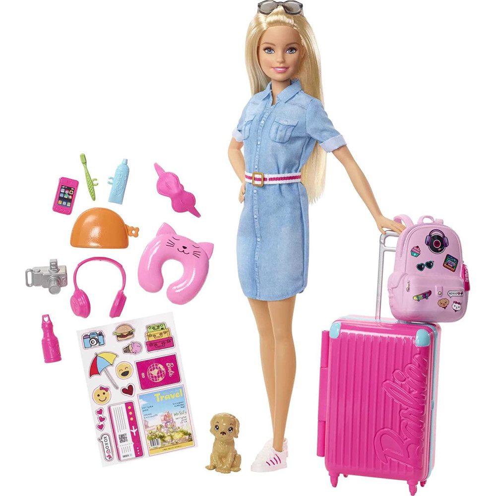 Barbie Travel Doll, Blonde, With Puppy, Opening Suitcase, Stickers And 10+ Accessories, For 3 To 7 Year Olds , Multicolor