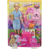 Barbie Travel Doll, Blonde, With Puppy, Opening Suitcase, Stickers And 10+ Accessories, For 3 To 7 Year Olds , Multicolor