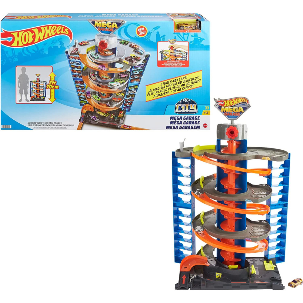 Hot Wheels City Mega Garage Playset with Corkscrew Elevator & Storage for 60+ Cars, Includes 1 1:64 Scale Vehicle, 4 Years Old & Up GTT95, Multi colour