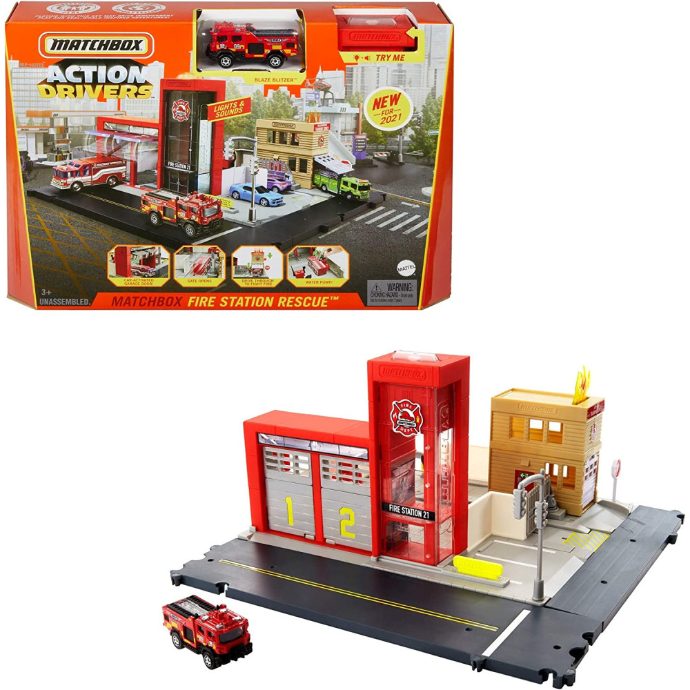 Matchbox Action Drivers Fire Station Rescue Playset with 1:64 Scale Truck, Light & Sound Effects, Moving Parts, Pretend Fire that Kids Extinguish, 3 Years Old & Up HBD76, Multicolour, Match Box