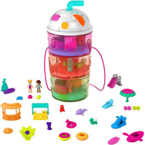 Polly Pocket Spin 'n Surprise Compact Playset, Tropical Smoothie Shape, Waterpark Theme, 3 Floors, 25 Surprise Accessories Including Polly & Shani Dolls, Great Gift for Ages 4 Years Old & Up