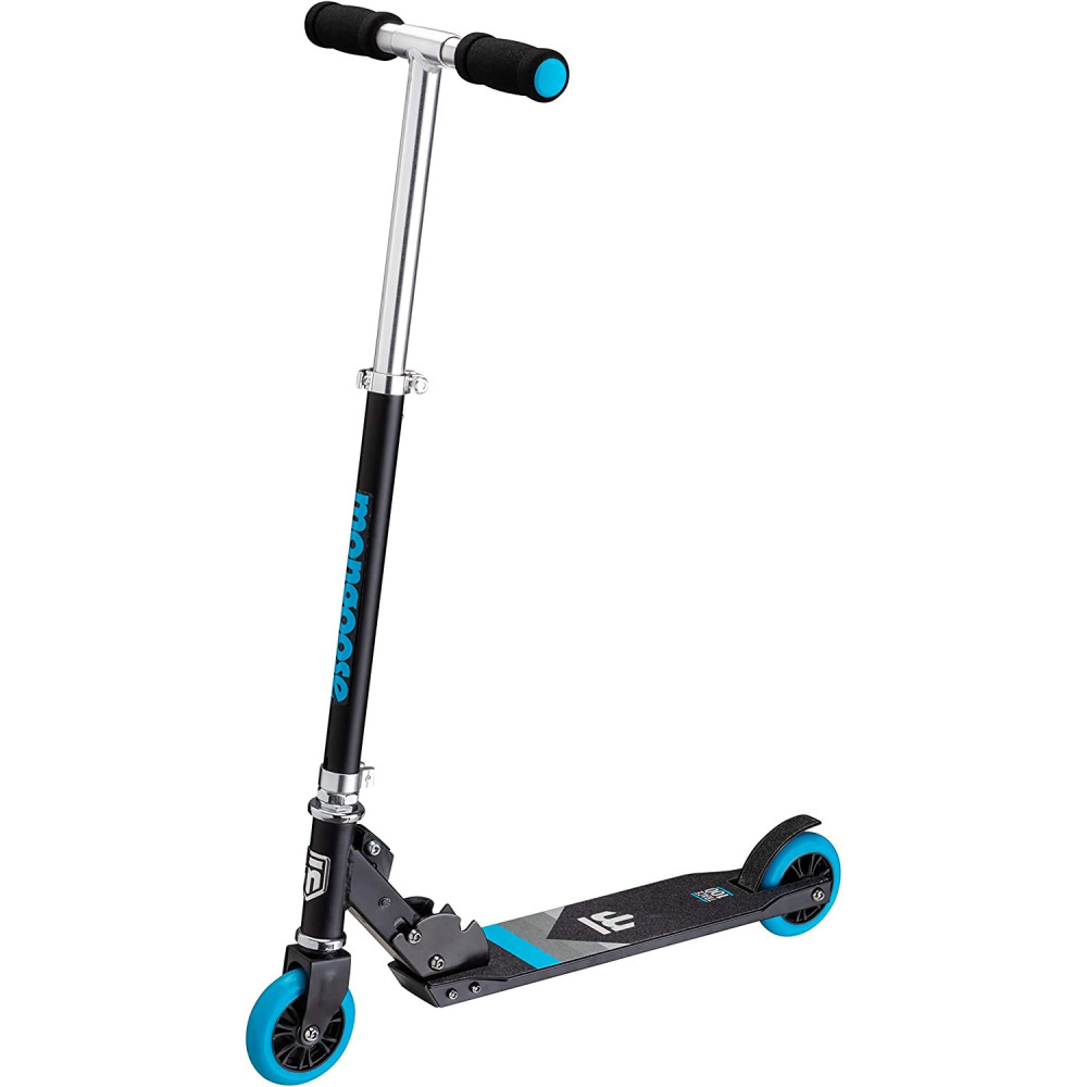 Mongoose Trace Youth Kick Scooter Folding and Non-Folding Design, Regular, Lighted, and Air Filled Wheels, Multiple Colors Black/Blue