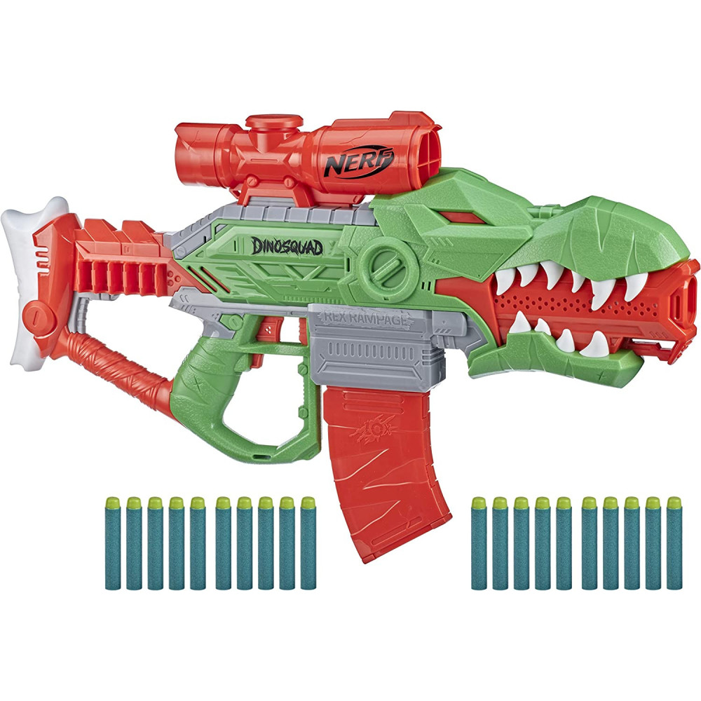 Nerf Dinosquad Rex Rampage Motorized Dart Blaster, 10 Dart Clip, 20 Official Nerf Darts, 10 Dart Storage T Rex Dinosaur Design, Multicolour, F0807F03
