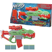 Nerf Dinosquad Rex Rampage Motorized Dart Blaster, 10 Dart Clip, 20 Official Nerf Darts, 10 Dart Storage T Rex Dinosaur Design, Multicolour, F0807F03