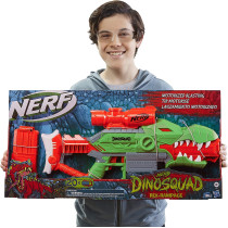 Nerf Dinosquad Rex Rampage Motorized Dart Blaster, 10 Dart Clip, 20 Official Nerf Darts, 10 Dart Storage T Rex Dinosaur Design, Multicolour, F0807F03
