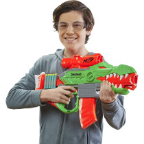 Nerf Dinosquad Rex Rampage Motorized Dart Blaster, 10 Dart Clip, 20 Official Nerf Darts, 10 Dart Storage T Rex Dinosaur Design, Multicolour, F0807F03