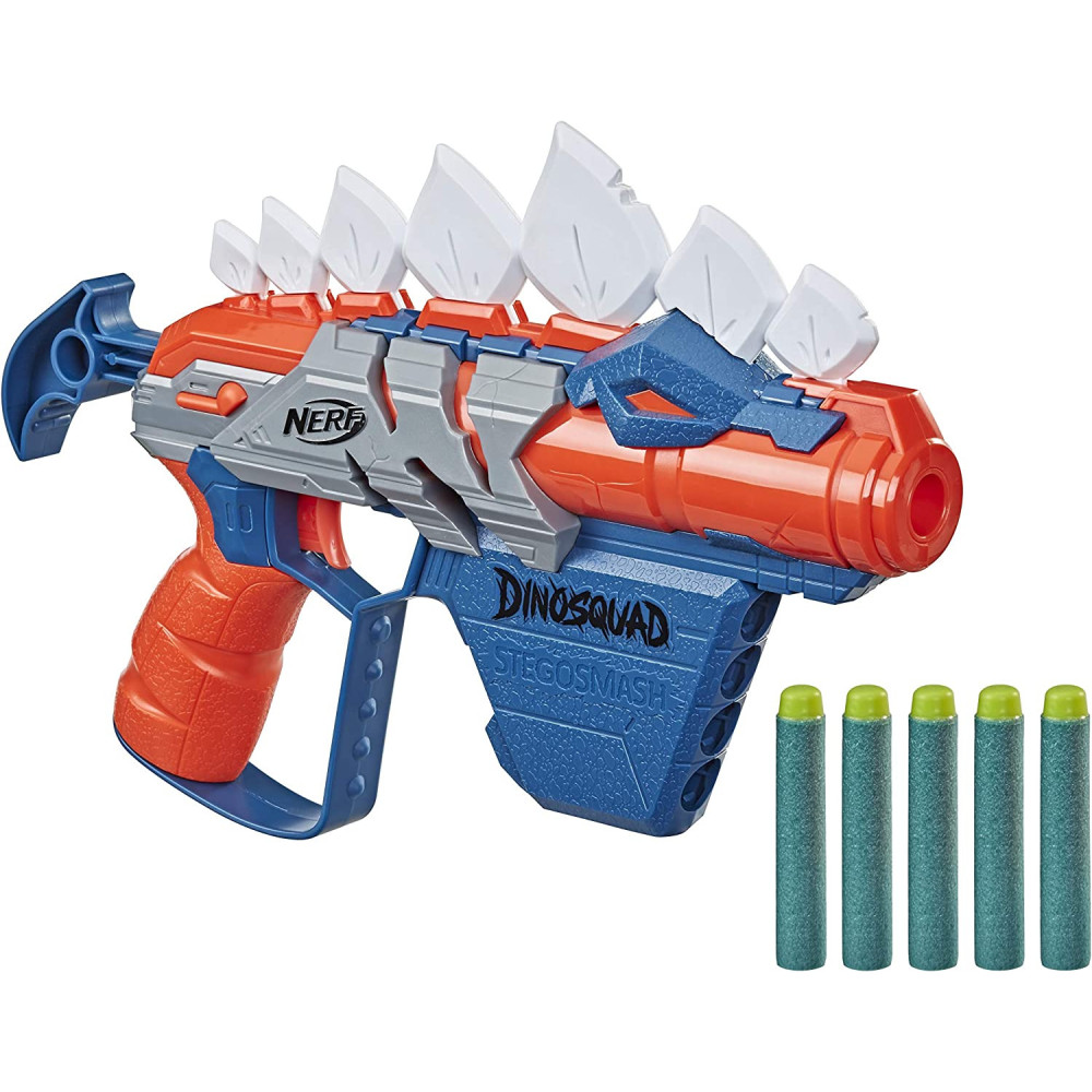 Nerf Dinosquad Stegosmash Dart Blaster, 4 Dart Storage, Pull Back Priming Handle, 5 Official Nerf Darts, Dinosaur Design, Stegosaurus Spikes, Multicolour, 5010993800186