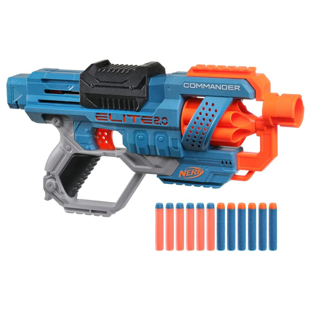 Nerf Elite 2.0 Commander Rd 6 Blaster, 12 Official Nerf Darts, 6 Dart Rotating Drum, Tactical Rails, Barrel And Stock Attachment Points