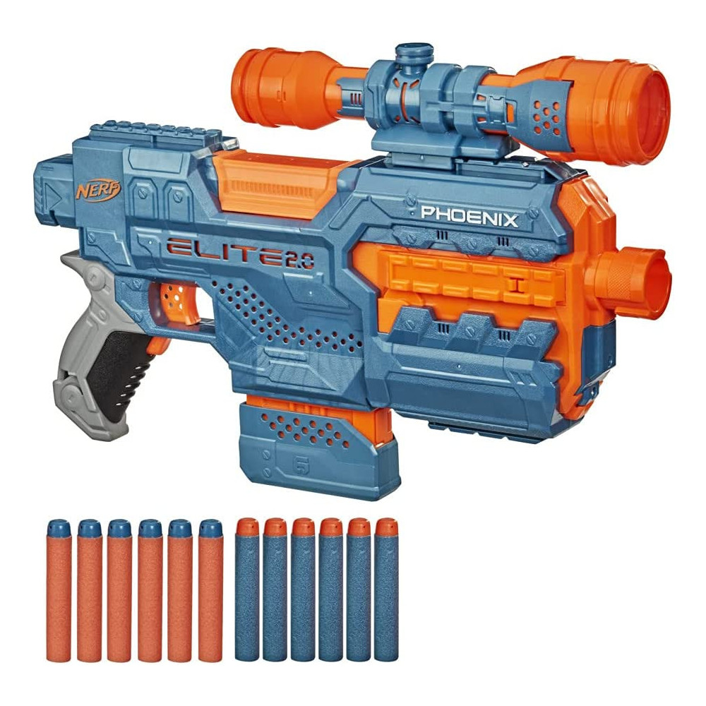 Nerf Elite 2.0 Phoenix Cs 6 Motorized Blaster, 12 Official Nerf Darts, 6 Dart Clip, Scope, Tactical Rails, Barrel And Stock Attachment Points