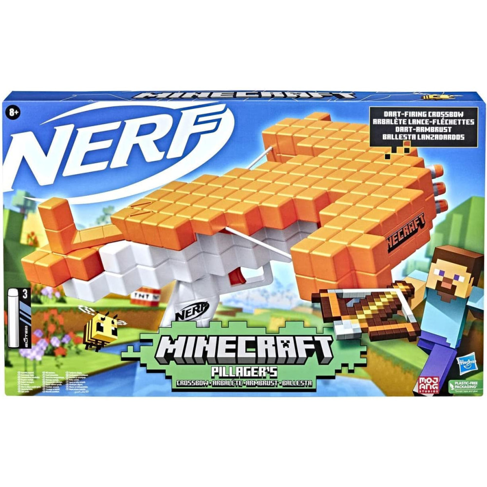 Nerf Minecraft Pillager'S Crossbow, Dart Blasting Crossbow, Includes 3 Nerf Elite Darts, Real Crossbow Action, Pull Back Priming Handle, Multicolour, 42787