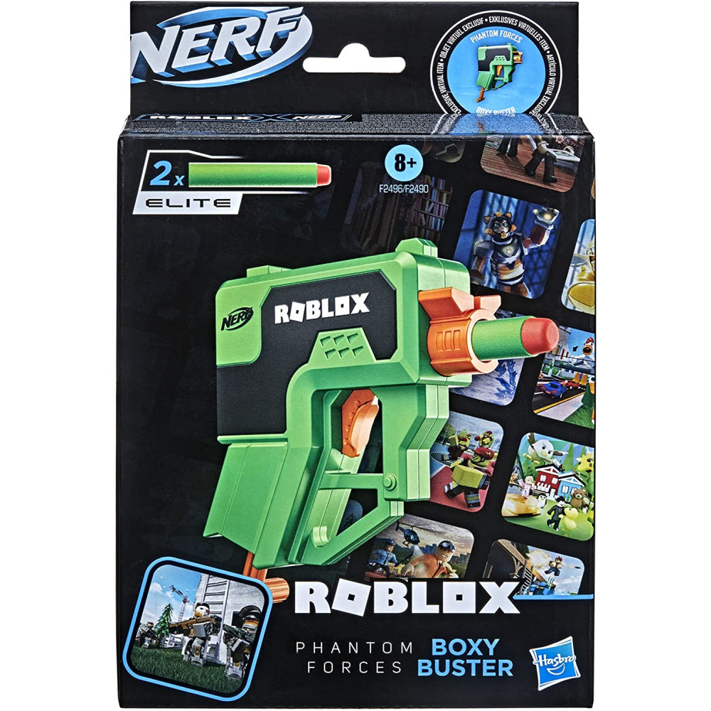 Nerf Roblox Phantom Forces: Boxy Buster Dart Blaster, Pull Down Priming Handle, 2 Nerf Elite Darts, Code To Unlock In Game Virtual Item