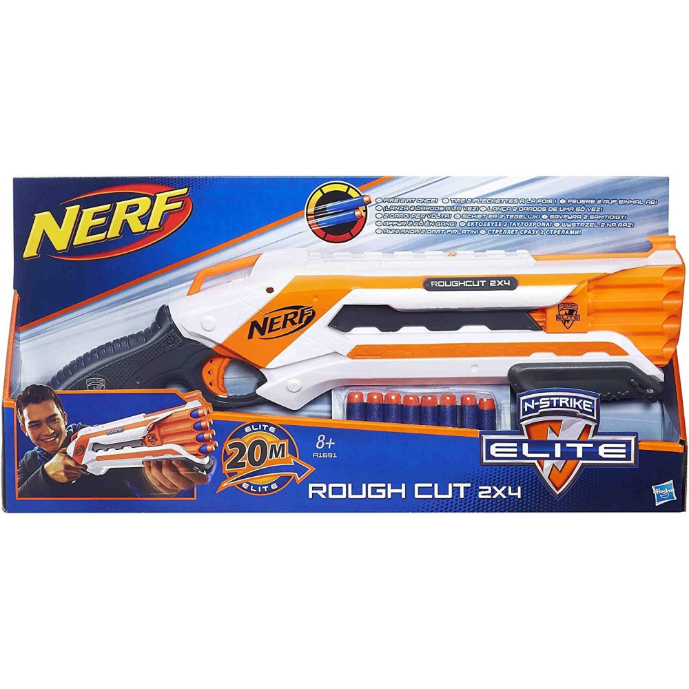 Nerf Rough Cut 2X4 Elite Blaster 8 Dart Capacity, Fires 2 Darts At Once Pump Action, Slam Fire Includes 8 Official Nerf Elite Darts