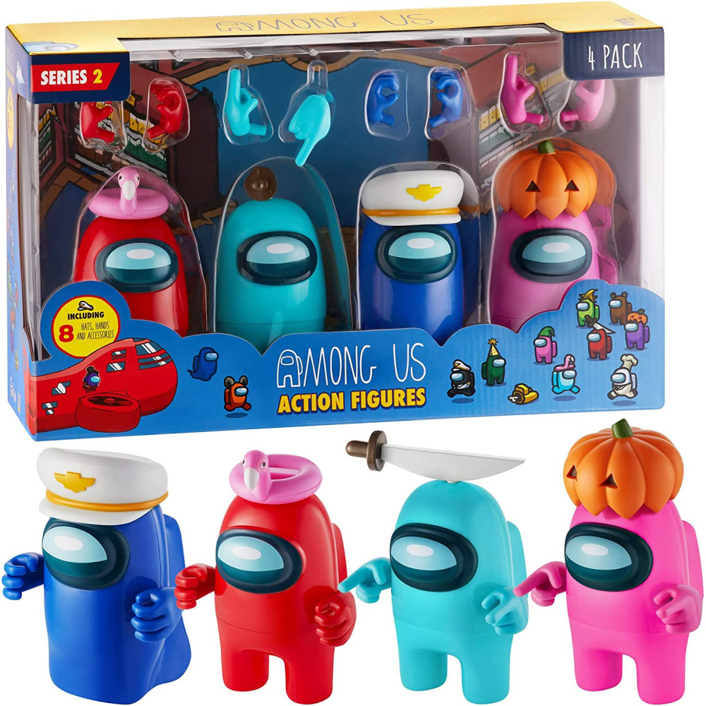 P.M.I. Among Us Action Figures | All Four 4.5 Inch Tall Collectibles | Among Us Toys And Playable Mini Toys | Red, Pink, And Cyan Crewmates And Blue Ghost With 8 Hats And Hands | Kids' Toys