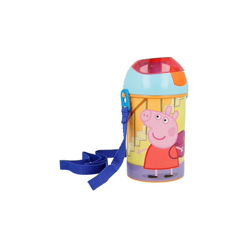 Stor Pop Up Plastic Peppa Pig Theme Water Bottle 450ml, Multicolour