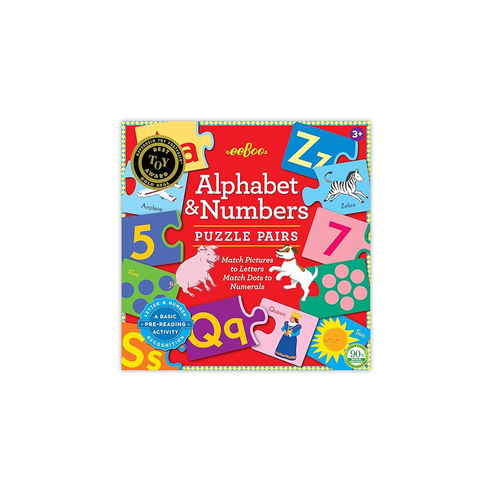 Eeboo Alphabet And Numbers Puzzle Pairs, Match Pictures to Letters Game, For Kids Age 3 Years And Above