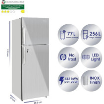 Super General 410 Litres Gross Double Door Refrigerator-Freezer, No-Frost, LED-Light, Lock And Key, Inox, SGR-410-L, 60.5 X 67 X 170 Cm, 1 Year Warranty