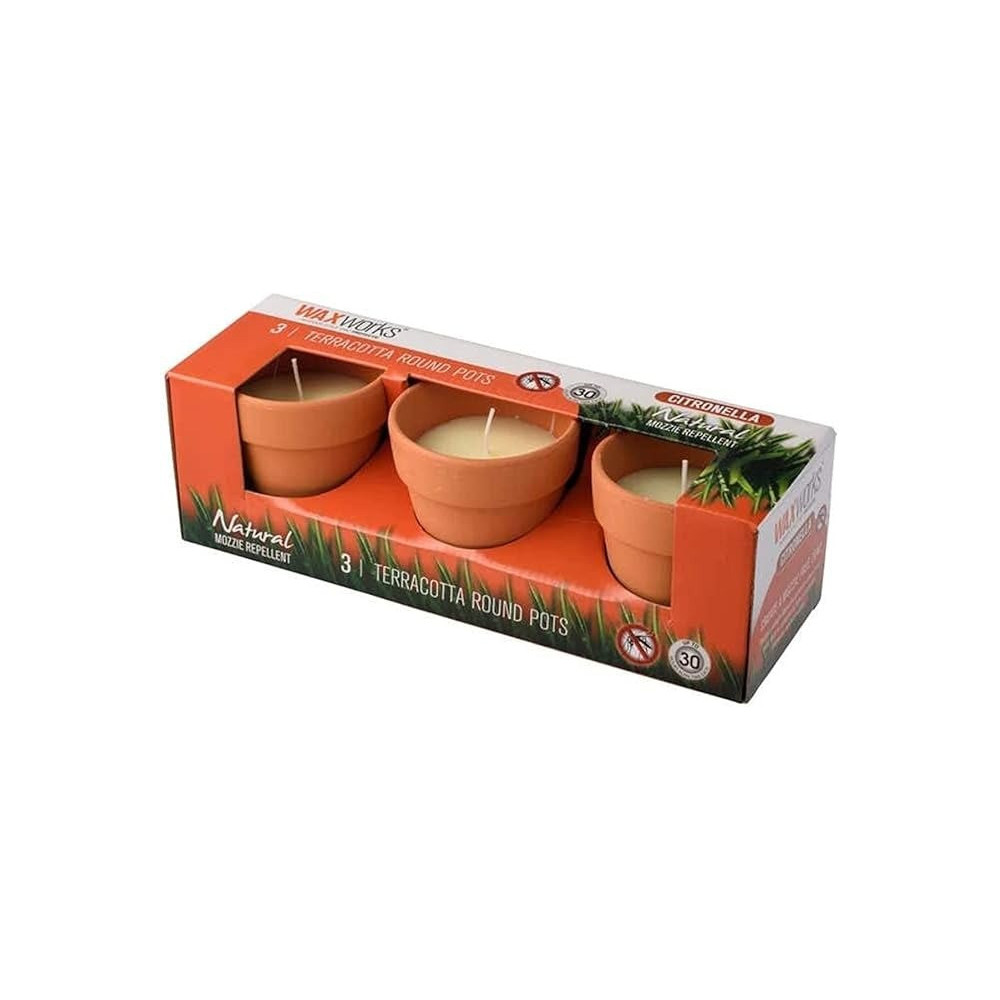 Waxworks Citronella Candle Terracotta Pots, Natural Mozzie Repellent Pack Of 3pcs