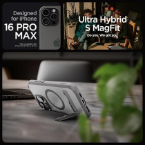 Spigen Ultra Hybrid S MagFit For iPhone 16 Pro Max Case Cover With Kickstand MagSafe Compatible, Frost Grey