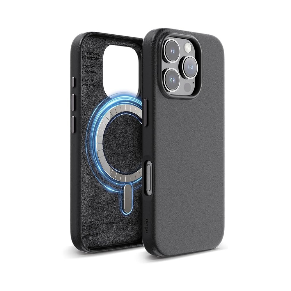 Elago Magnetic Leather Case For iPhone 16 Pro Compatible With MagSafe, Vegan Leather, Shockproof, Water-Resistant, Black