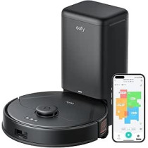 Eufy Clean X8 Pro Robot Vacuum Cleaner with Mop and Self-Empty Station, Twin-Turbine 2 x 4000Pa Suction, Active Detangling Roller Brush, and iPath Laser Navigation for Pet Hair, Black, 1 Year Warranty
