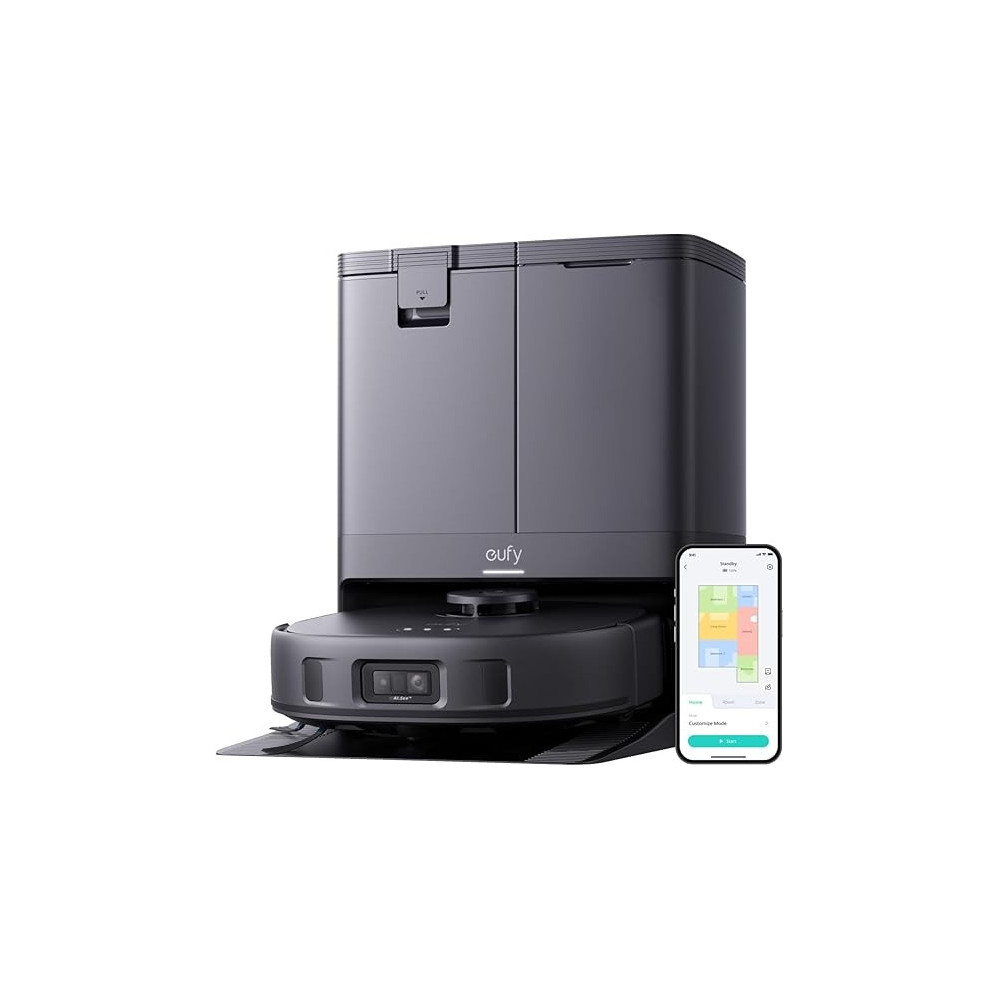 Eufy X10 Pro Omni Robot Vacuum and Mop with 8,000 Pa Suction, Dual Mops with 12 mm Auto-Lift and Carpet Detection, AI Obstacle Avoidance, Auto Mop Washing, Self-Drying, Self-Emptying, Self-Refilling, Black, 1 Year Warranty