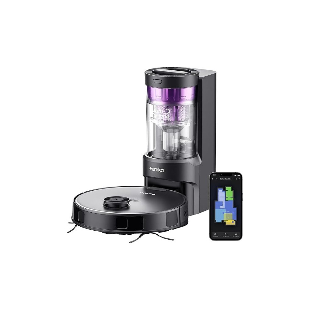 Eureka Robot Vacuum Cleaner and Mop Function 2-1, Bagless Dust Self-Empty, Auto Lifting Mop, up to 180 Minutes Runtime, App Control, 4000Pa for Pet Hair, Carpets, Hard Floor, Black, 1 Year Warranty