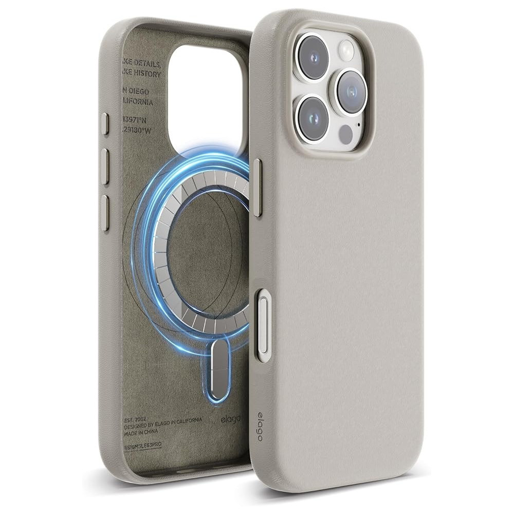 Elago Magnetic Leather Case For iPhone 16 Pro Compatible With Magsafe, Vegan Leather, Shockproof, Water-Resistant, Light Grey