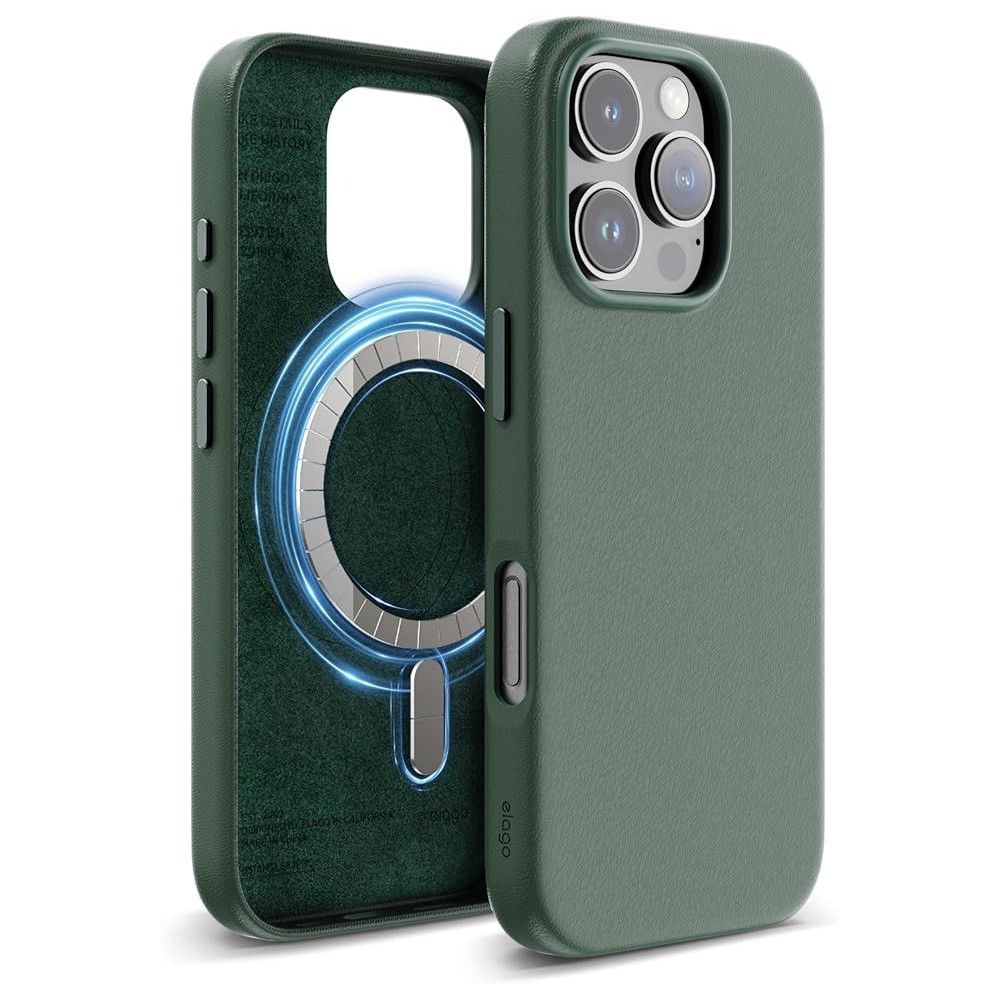 Elago Magnetic Leather Case For iPhone 16 Pro Compatible With Magsafe, Vegan Leather, Shockproof, Water-Resistant, Midnight Green