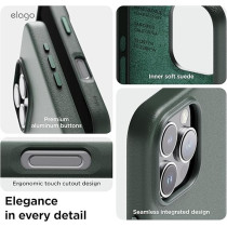 Elago Magnetic Leather Case For iPhone 16 Pro Compatible With Magsafe, Vegan Leather, Shockproof, Water-Resistant, Midnight Green