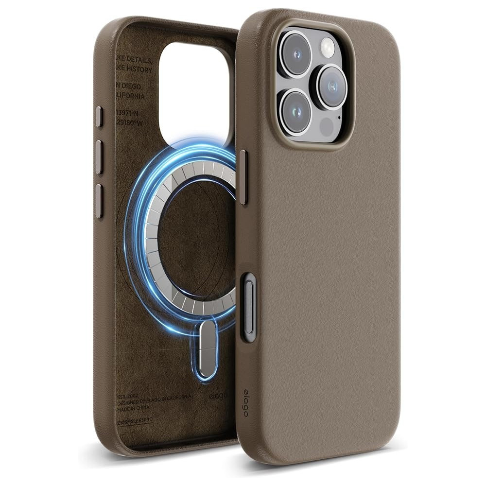 Elago Magnetic Leather Case For iPhone 16 Pro Compatible With Magsafe, Vegan Leather, Shockproof, Water-Resistant, Taupe