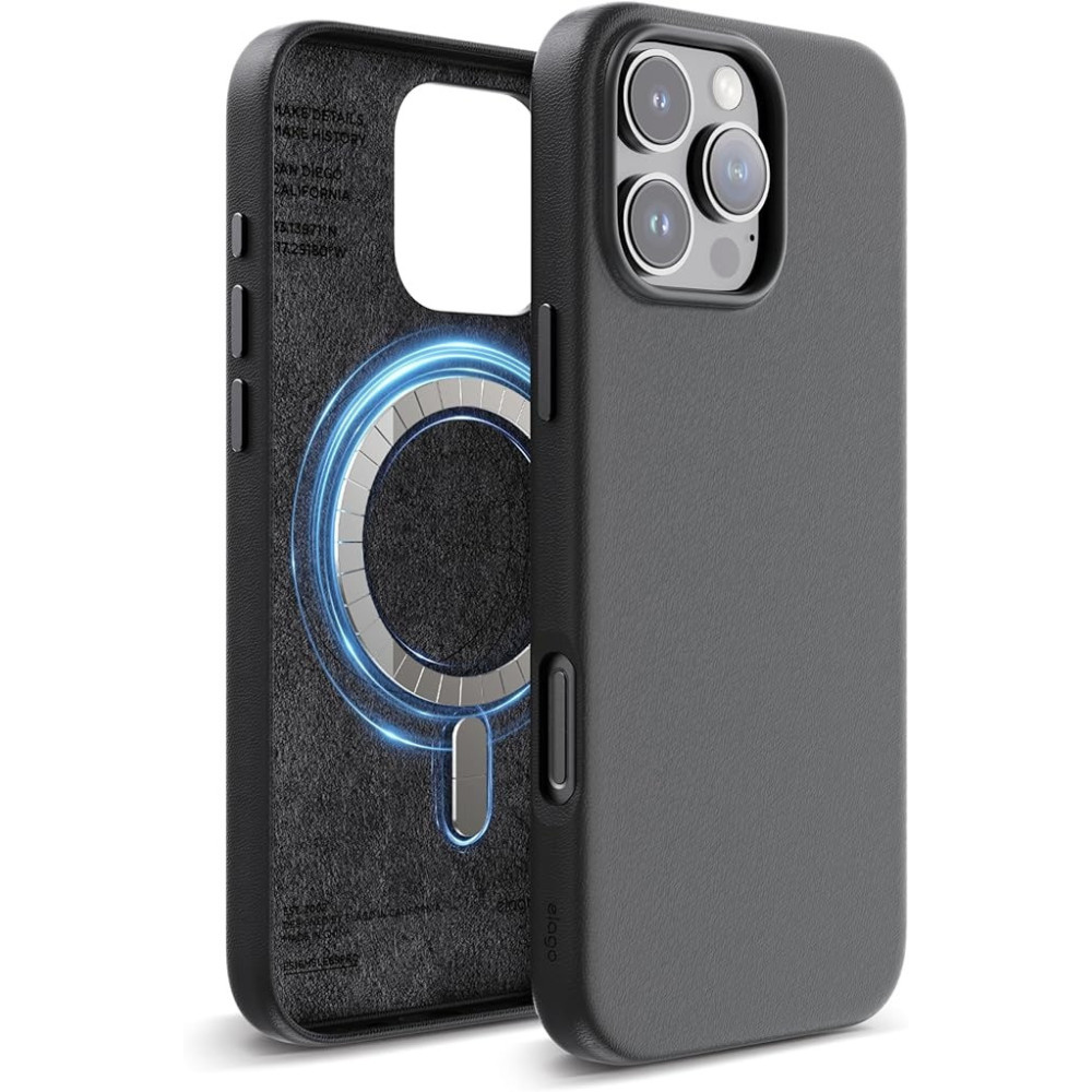 Elago Magnetic Leather Case For iPhone 16 Pro Max Compatible With Magsafe, Vegan Leather, Shockproof, Water-Resistant, Black