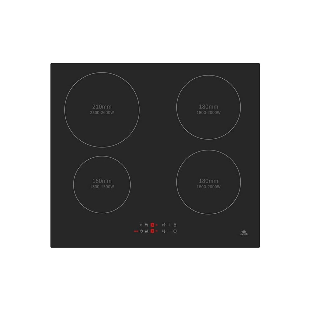 Evvoli Built-In Induction Hob, 4 Burners, Soft Touch Control With 9 Stage Power Setting And Safety Switch, EVBI-IH604B, Black