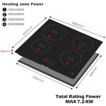 Evvoli Built-In Induction Hob, 4 Burners, Soft Touch Control With 9 Stage Power Setting And Safety Switch, EVBI-IH604B, Black