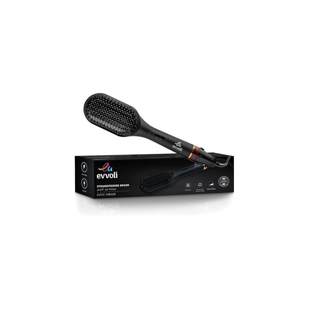 Evvoli Hair Straightening Brush, Ptc Heater, Tourmaline On Ceramic Coating, 3 Heat Setting, Black, EVHC-HB66B