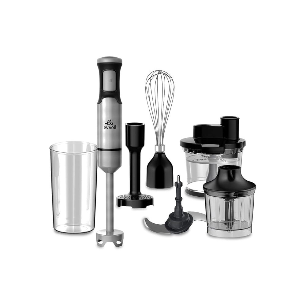 Evvoli 6-In-1 Stainless Steel Stem Hand Blender With Food Processor 2L, Whisk, Potato Masher, Beaker 600 Ml And Chopper 1000 Ml, EVKA-HBL6B, Black