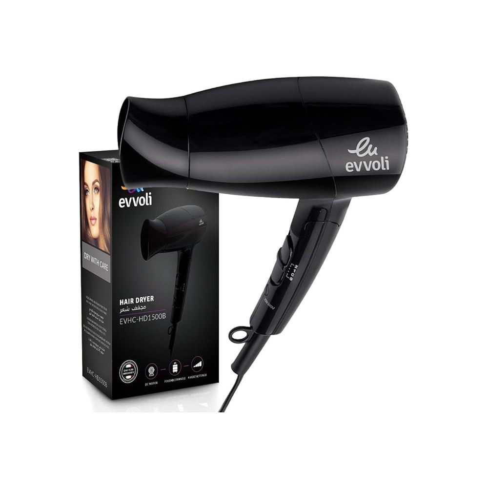 Evvoli Hair Dryer, 1500W, Powerful Dc Motor Fast Drying Hair Dryer With 4 Speeds, Foldable Handle, Black, EVHC-HD1500B