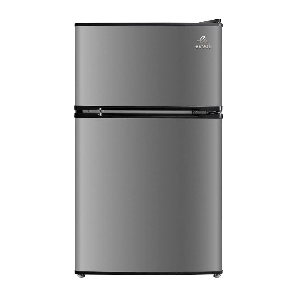 Evvoli Top Mount Refrigerator, 100 Liters, Adjustable Leg, Interior Light, Defrost Type, Silver, EVRFM-100LS
