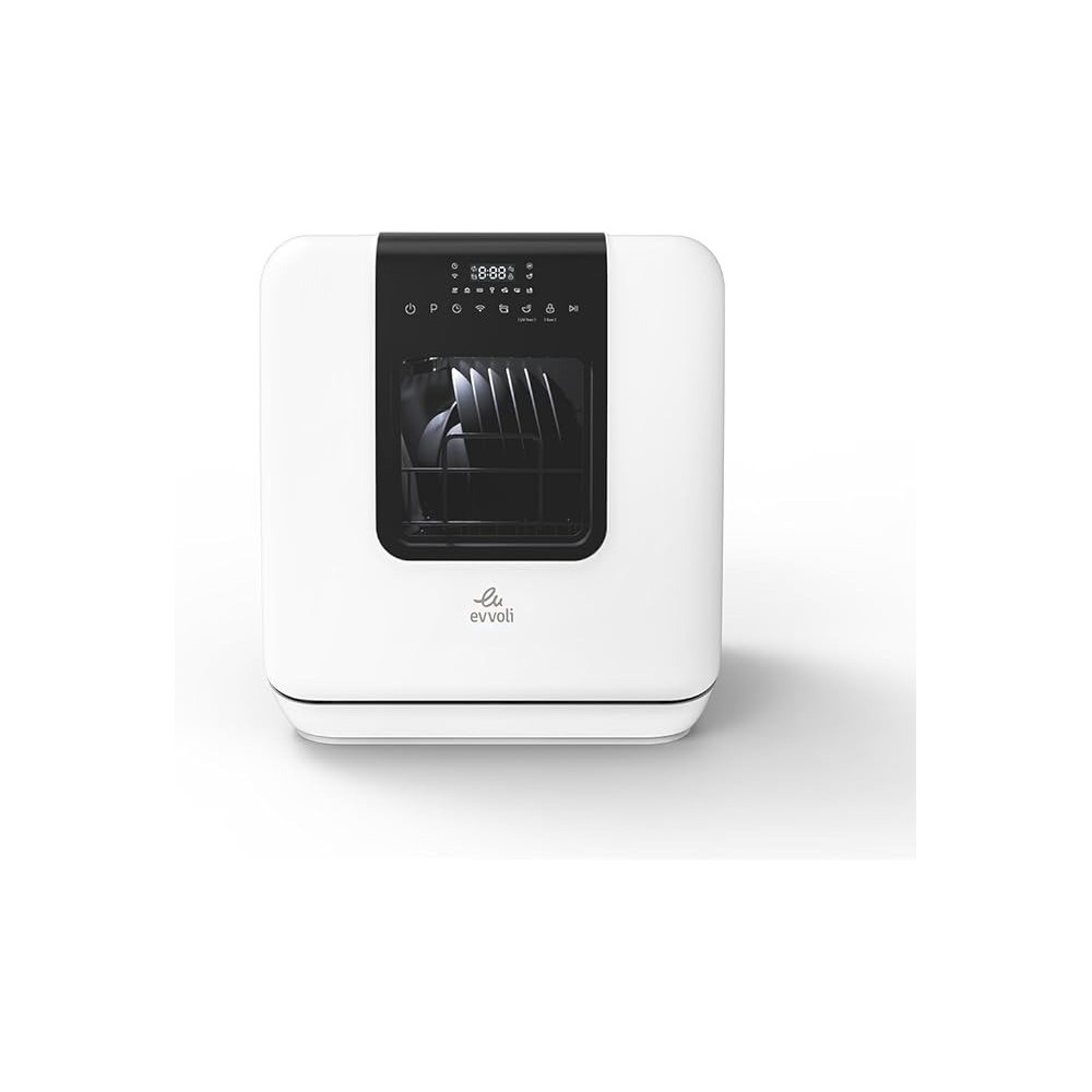 Evvoli Mini Table Top Portable Dishwasher With 3 Place Settings, 7 Program, Touch Control, LED Display, Delay Start And Off-Peak Wash Function, White, EVDW-3W