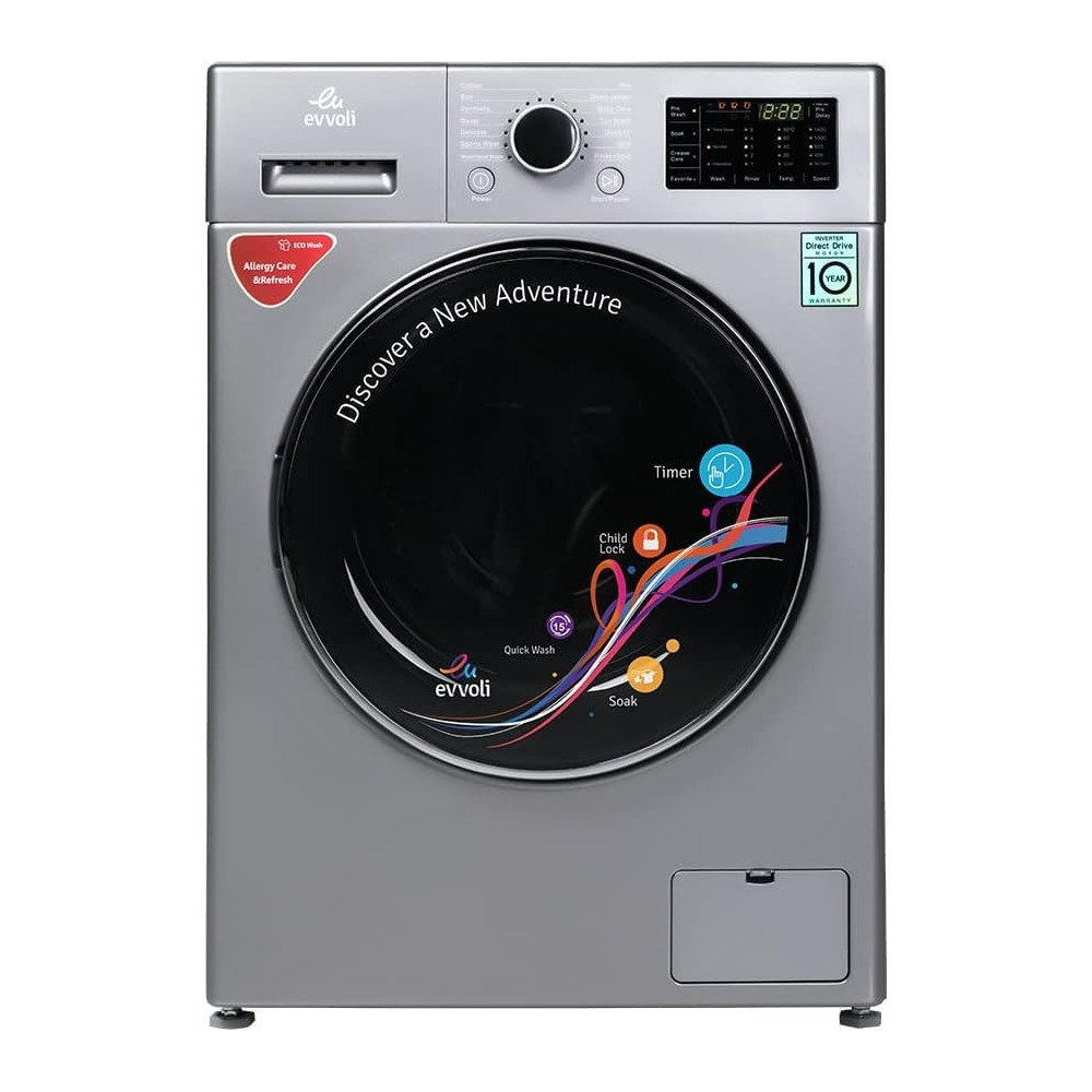 Evvoli 9Kg Front Load Fully Automatic Inverter Washing Machine, 1400 Rpm, 58 L, Silver, EVWM-FDDM-914S