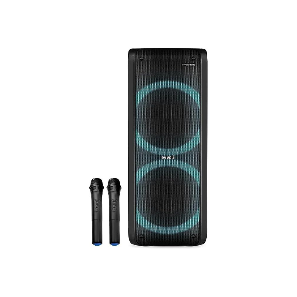 Evvoli Portable Party Speaker Bluetooth With Two Wireless Mic And Colorful LED Dazzled Lights, 80W, Black, EVAUD-PT80B