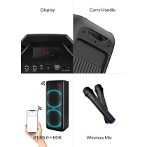 Evvoli Portable Party Speaker Bluetooth With Two Wireless Mic And Colorful LED Dazzled Lights, 80W, Black, EVAUD-PT80B
