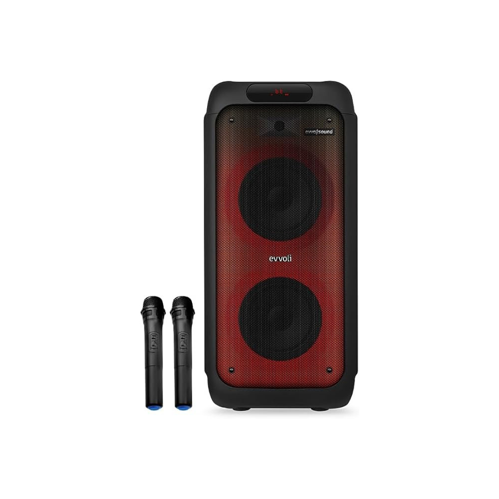 Evvoli Portable Party Speaker Bluetooth With Two Wireless Mic, Built In Lights And Splashproof Design, 160W, Black, EVAUD-PT160B