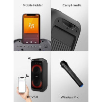 Evvoli Portable Party Speaker Bluetooth With Two Wireless Mic, Built In Lights And Splashproof Design, 160W, Black, EVAUD-PT160B