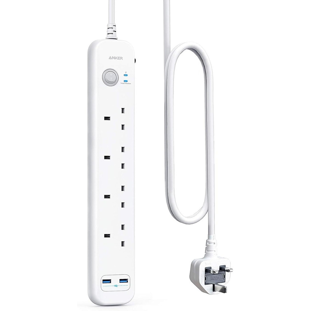 Anker Extension Lead With 2 USB Ports And 4 Wall Outlets, Power Strip With USB Charging And Surge Protection, White