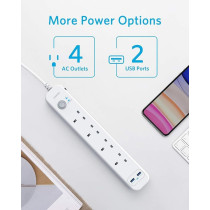 Anker Extension Lead With 2 USB Ports And 4 Wall Outlets, Power Strip With USB Charging And Surge Protection, White