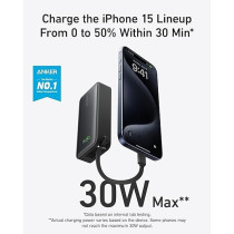 Anker 10,000 mAh With Built-In USB-C Cable, PD 30 W Nano Power Bank, Black