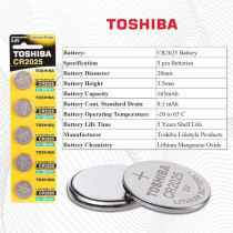 Toshiba 3V Lithium Coin Cell Battery Pack Of 5 Batteries, CR2025